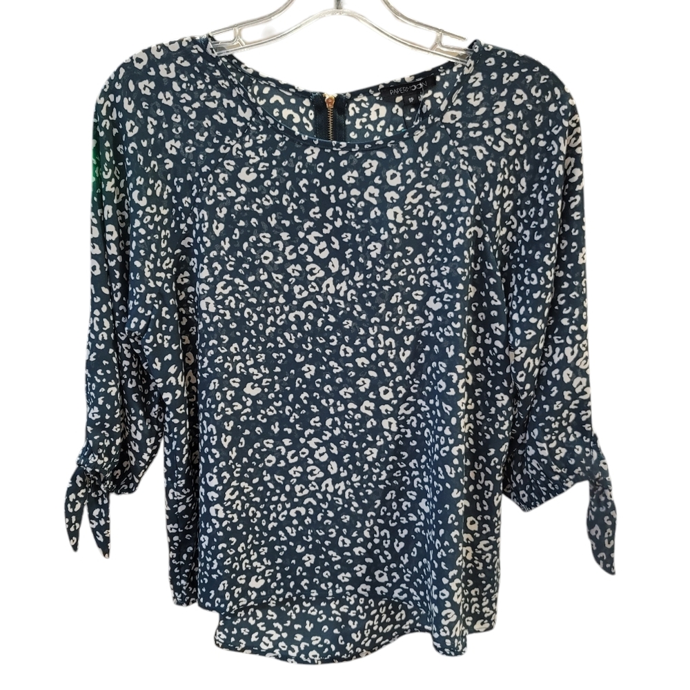 NWT PaperMoon Teal & White Larie Tie Sleeve Leopard Print Blouse